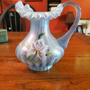 Fenton opalescent handpainted and signed ruffle edged pitcher